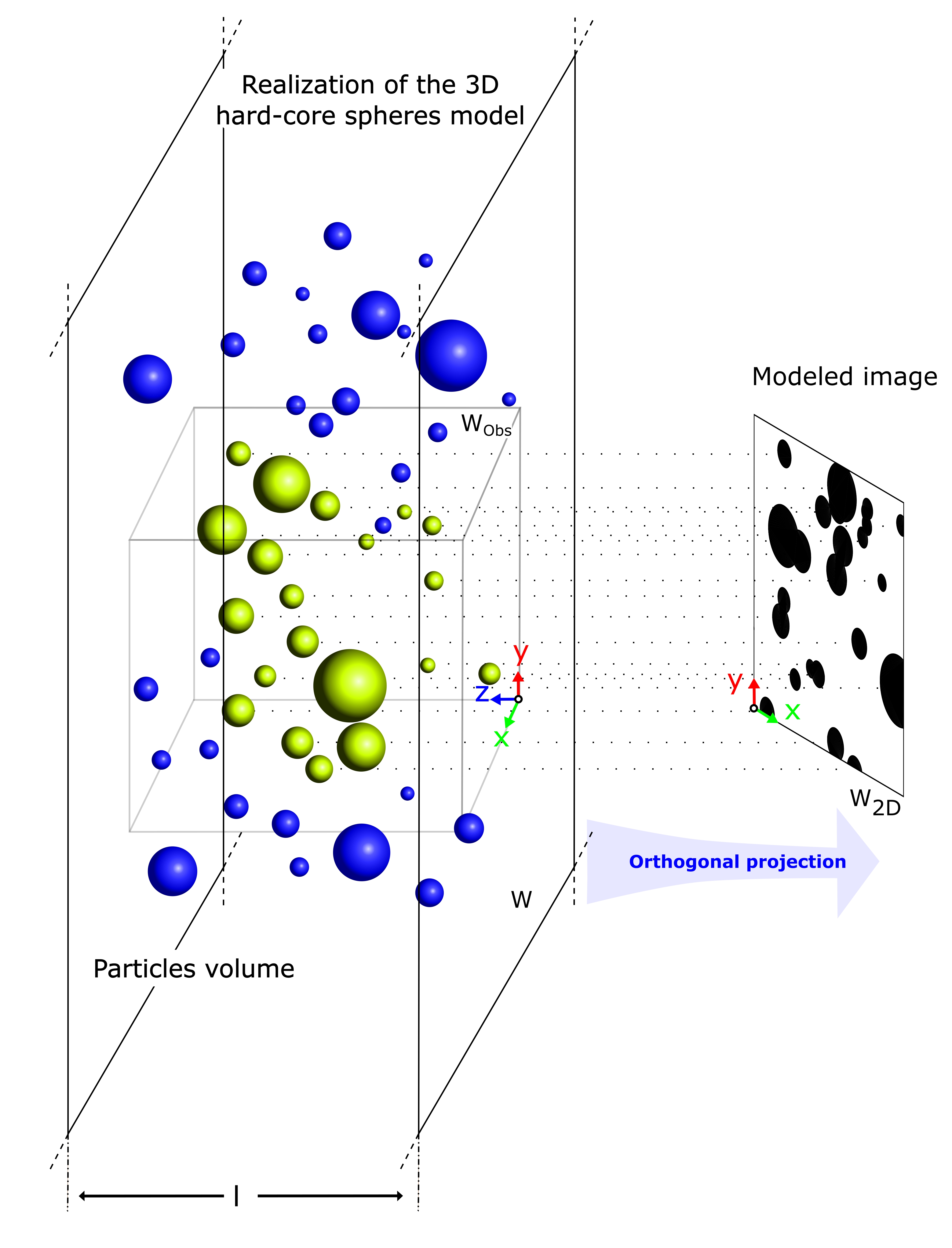 3D stochastic model of a population of spherical particles